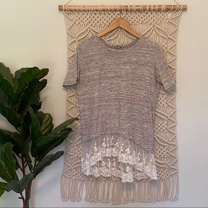 Boutique Heathered Taupe Lace Trim Top